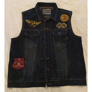 Ring Of Fire Denim Vest Men's Size SMALL Blue 5 Patches Distressed Biker VEST